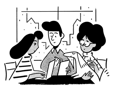 Notion 應用程式插圖：一群人坐在桌子邊