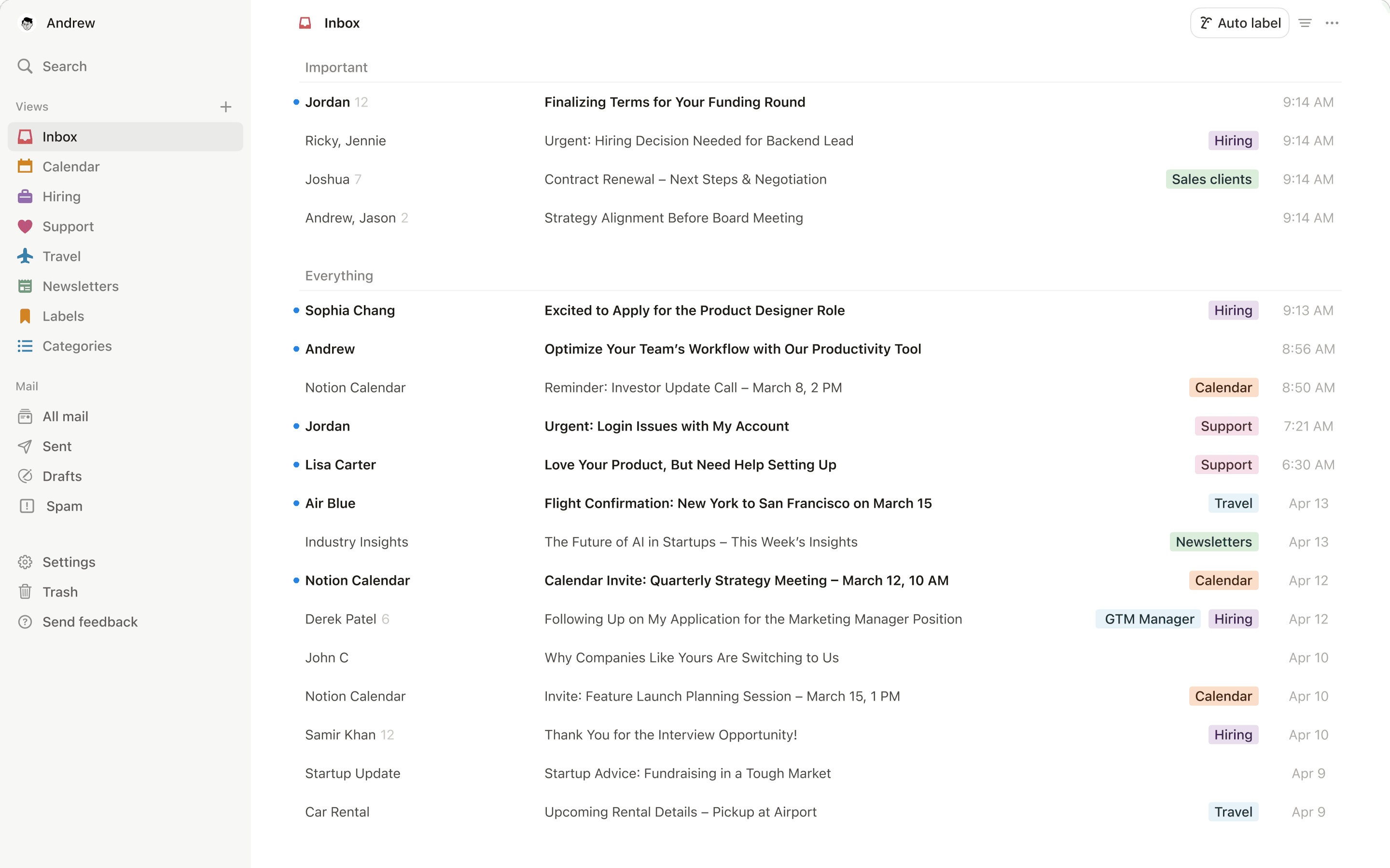 Ein Screenshot von Notion Mail auf dem Desktop