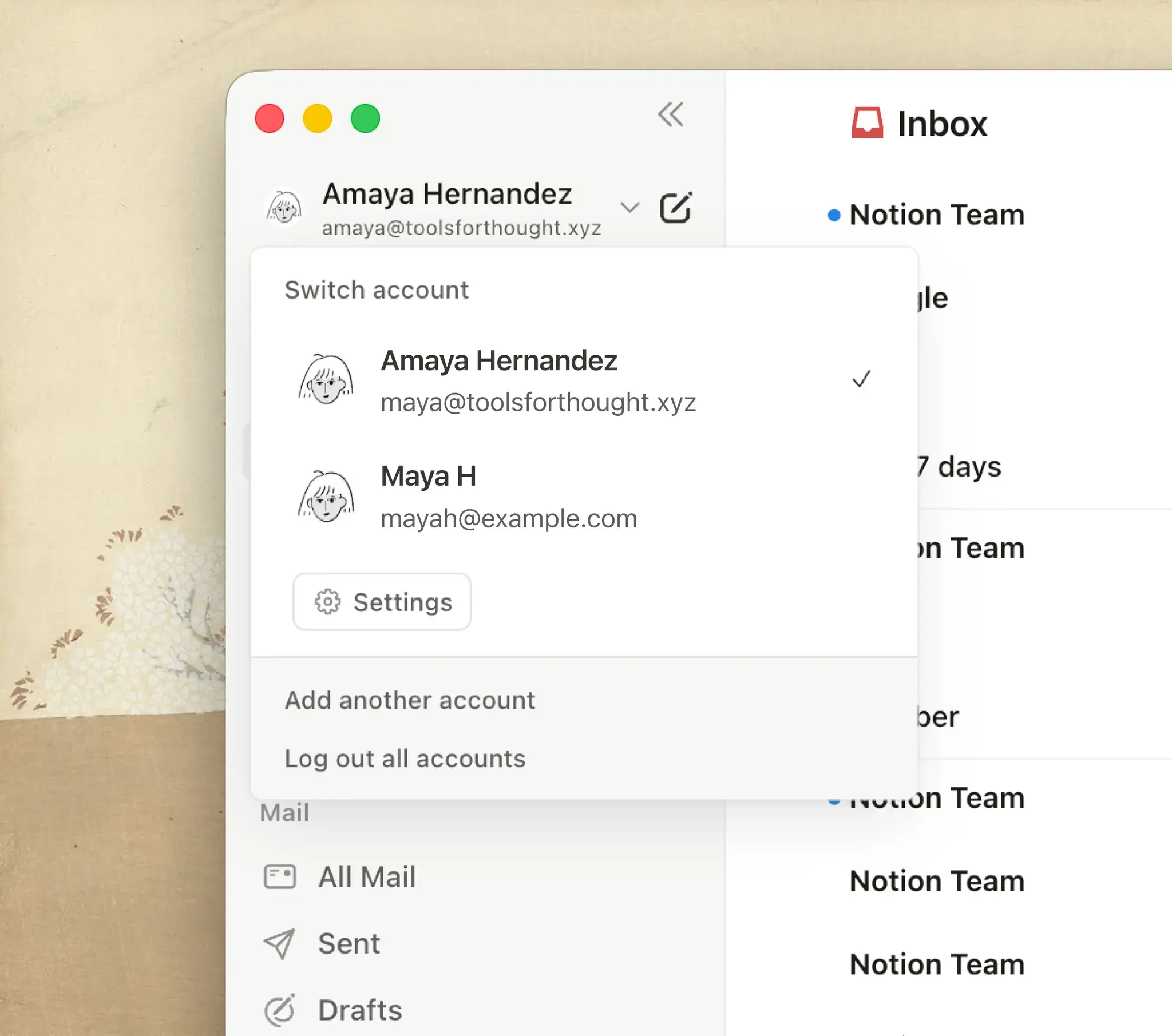 Plusieurs comptes sur Notion Mail