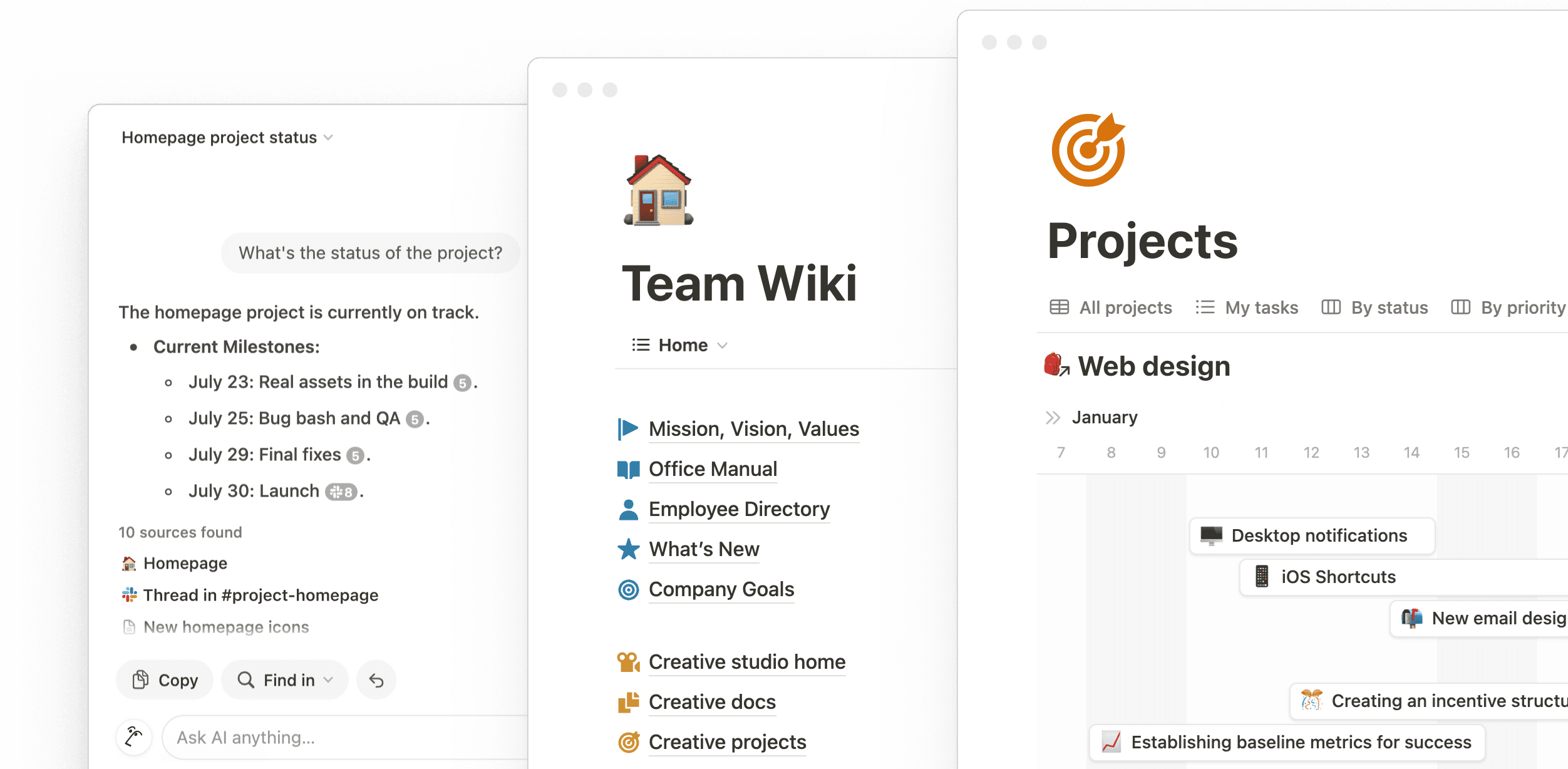 Notion-Workspace mit Aufgabenliste und Team-Wiki nebeneinander