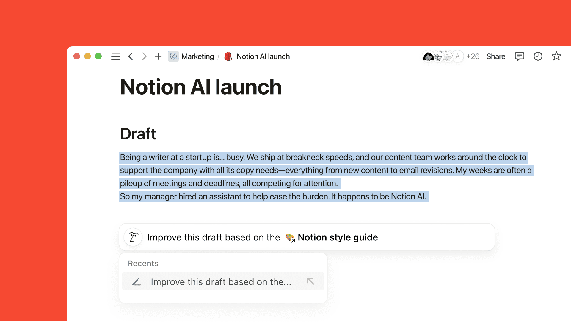 A IA do Notion é meu editor particular que corrige tudo nos mínimos detalhes, além de me ajudar com feedback sobre a estrutura e fluência dos meus textos.