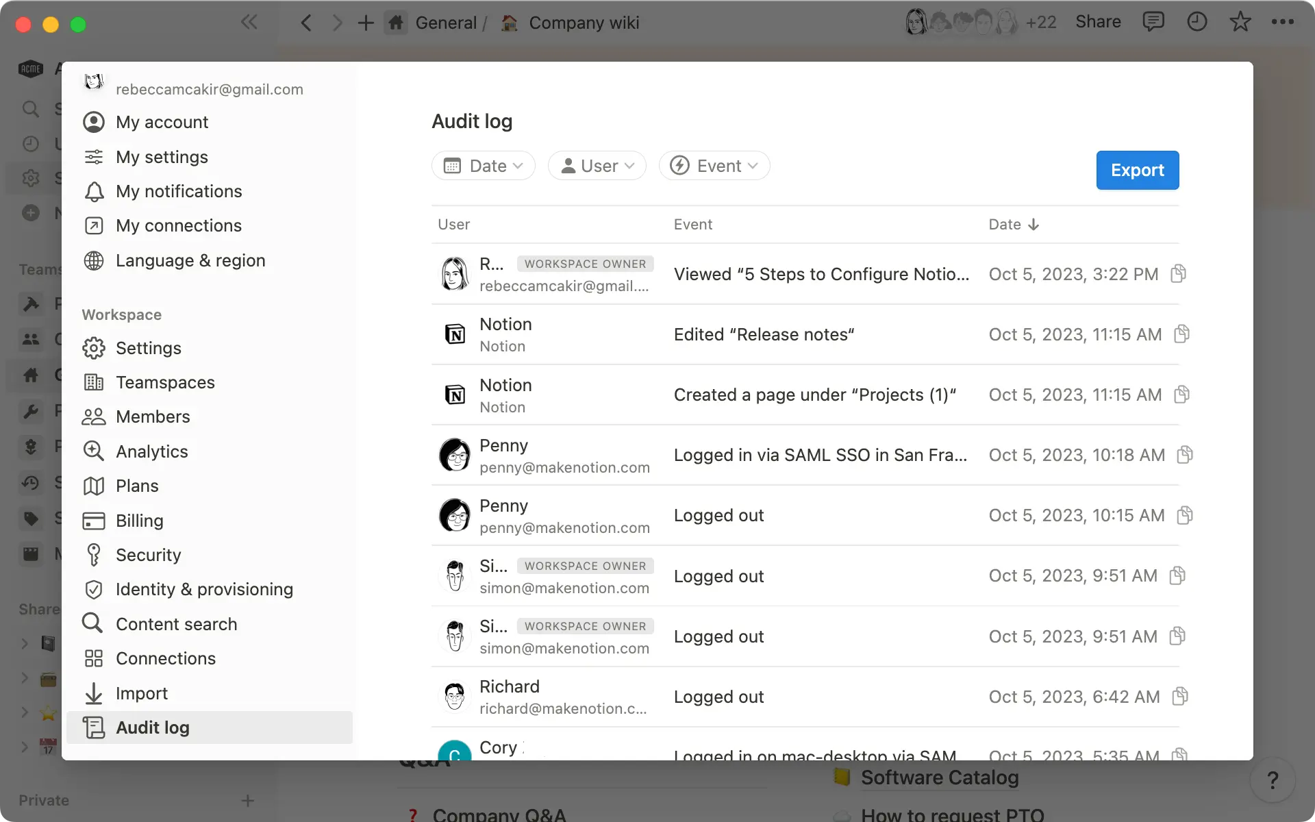 Mit dem Audit-Protokoll können Workspace-Besitzer/-innen alle Ereignisse in ihrem Workspace einsehen.